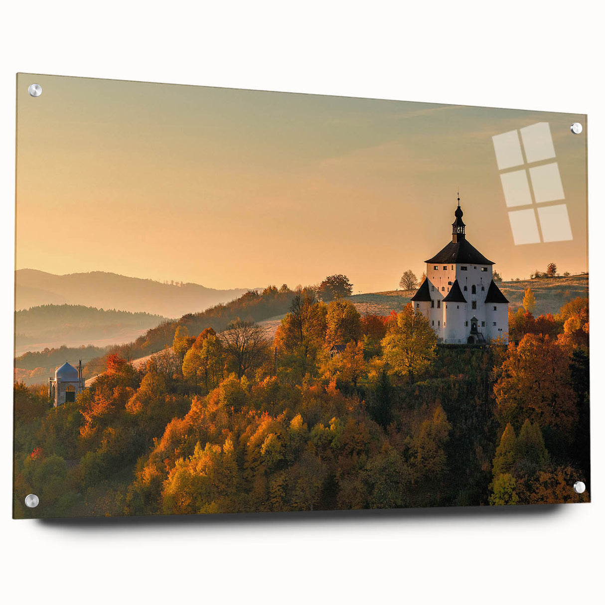 Acrylic print of a Slovakian landscape in muted earth tones, ideal for dining room decor.