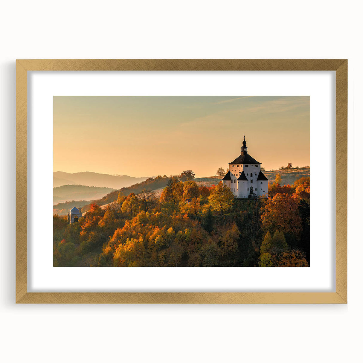 Abstract art print of a European scenery in Slovakia, featuring soft pastel shades on a gold-framed mat.