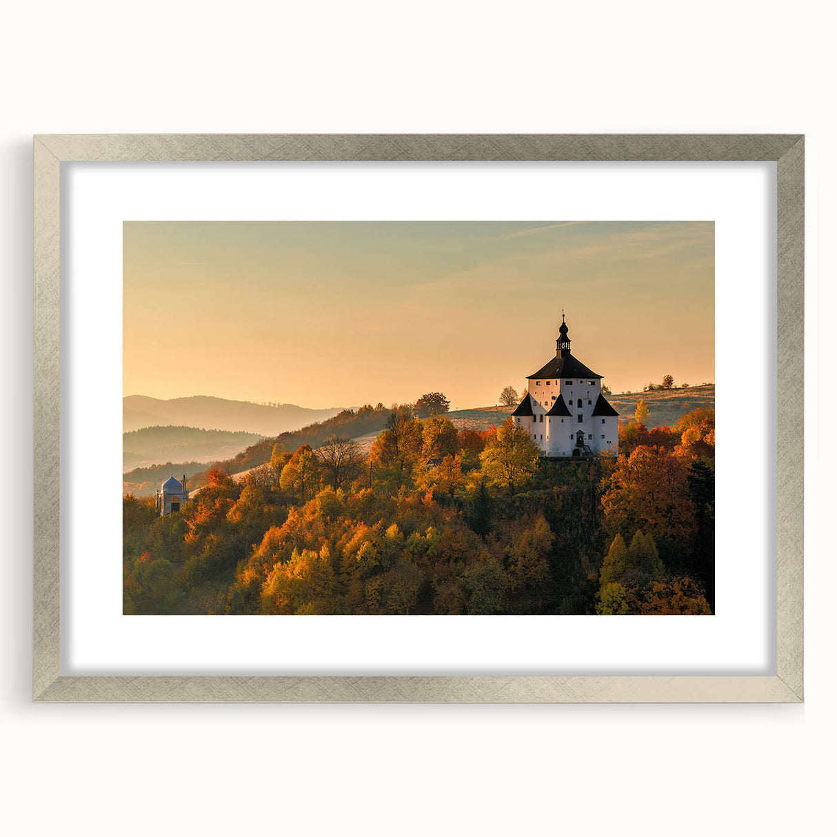 Extra large wall art of abstract European scenery in a silver frame, using textured art prints, ideal for living room decor.
