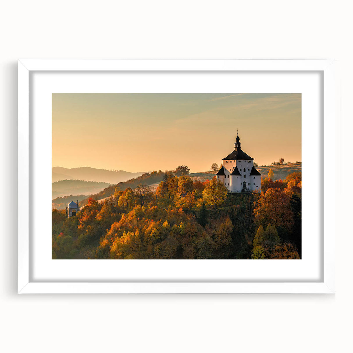 Textured abstract art print of a European scenery in muted earth tones on a white framed mat, suitable for bedroom art.