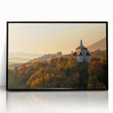 Large abstract wall art featuring a European Slovakian scenery in muted earth tones, framed in black acrylic.