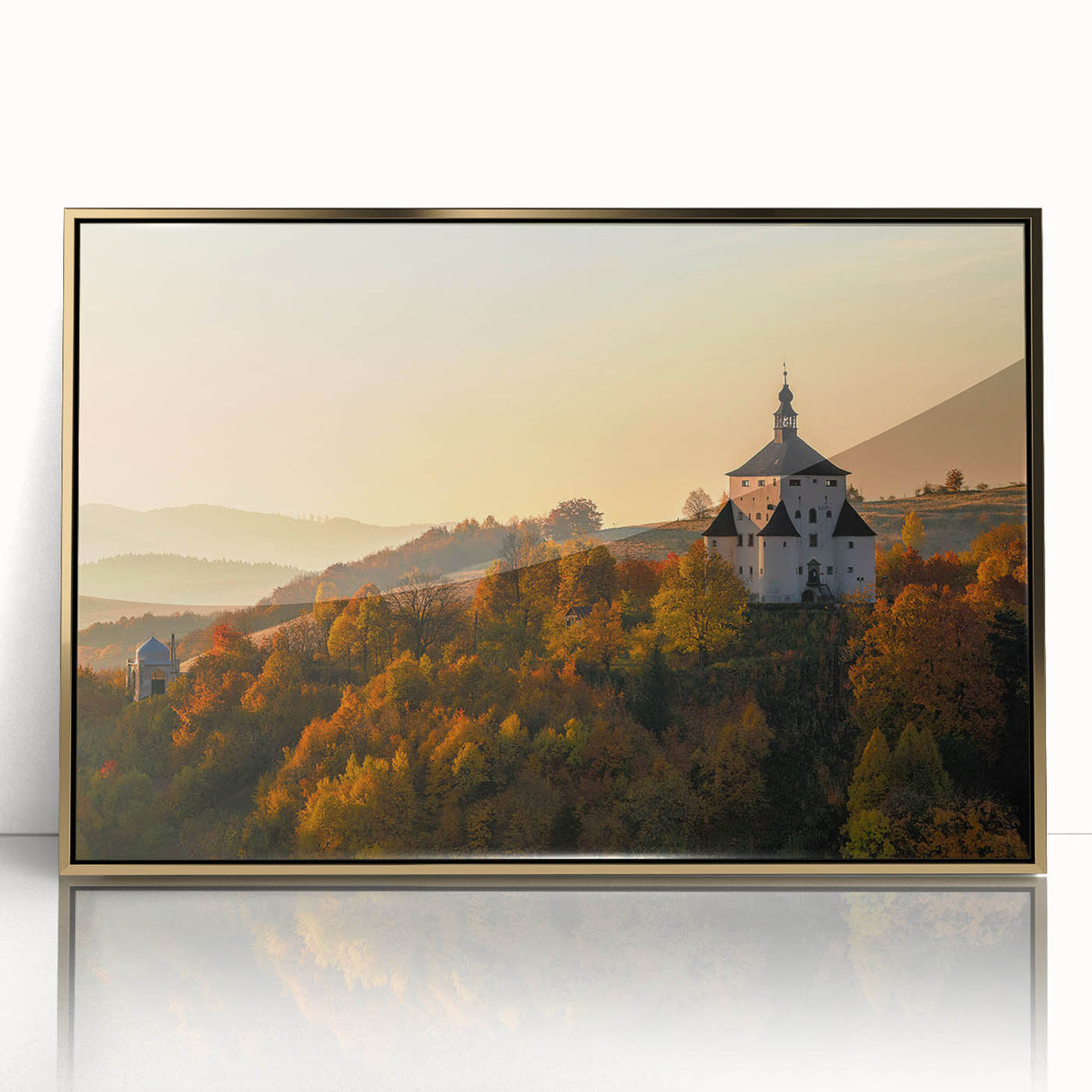 Art deco poster of a European cityscape in muted gold tones on acrylic, ideal for modern art wall decor.