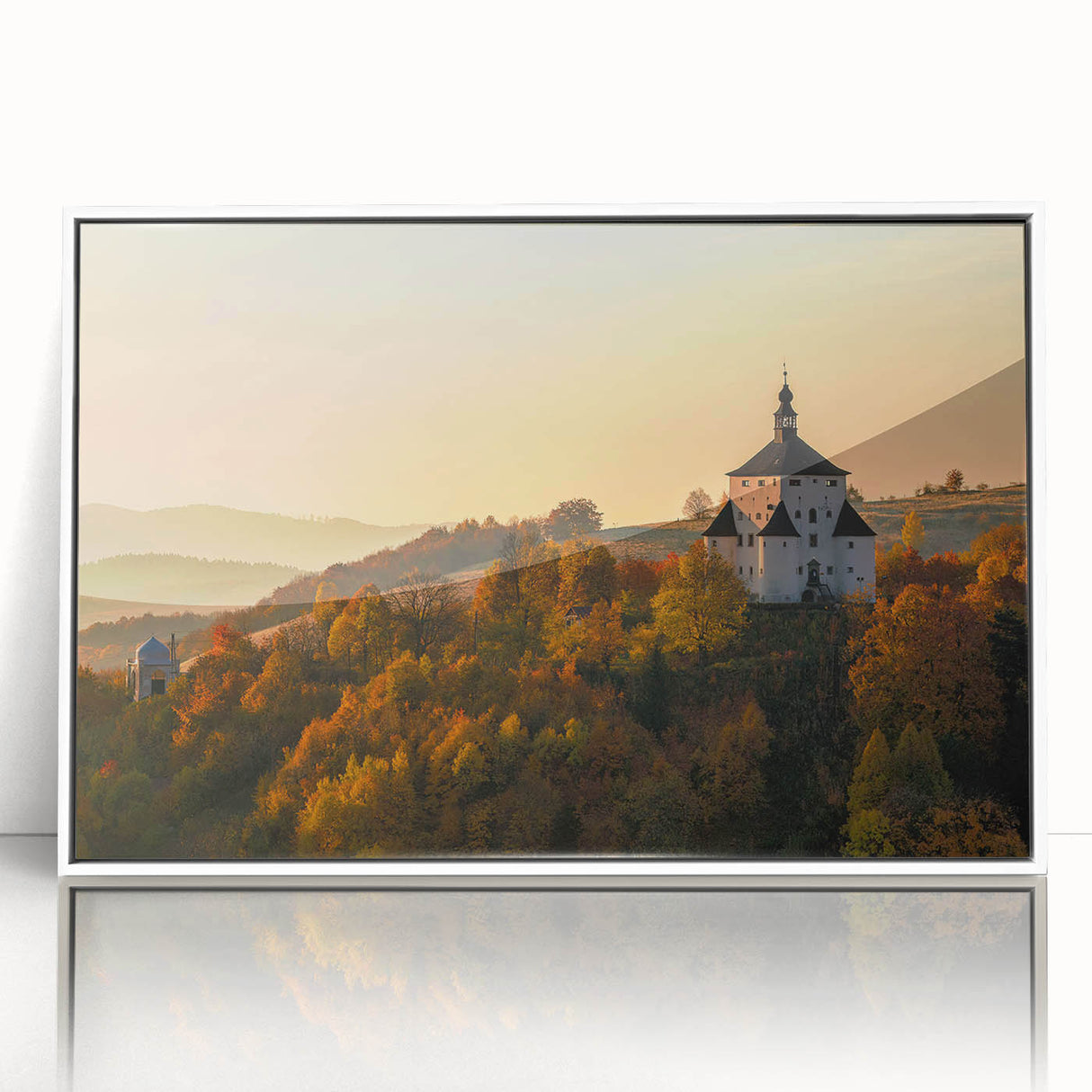 Mid-century modernist art depicting a European Slovakian landscape in muted earth tones on a framed acrylic.