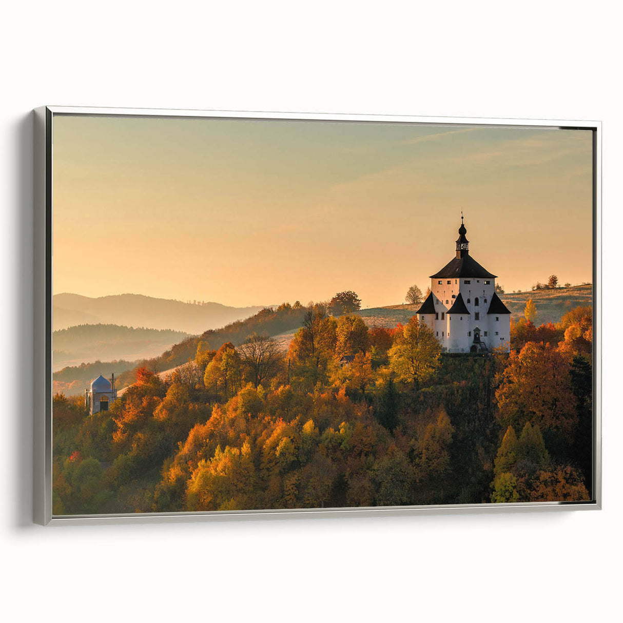 Framed canvas landscape art painting depicting a vintage Slovakian scenery in colorful hues, ideal for living room decor.