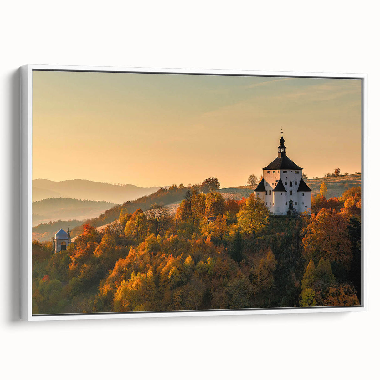 Vintage poster art of a European scenery in Slovakia, featuring colorful art on a framed canvas, ideal for living room decor.
