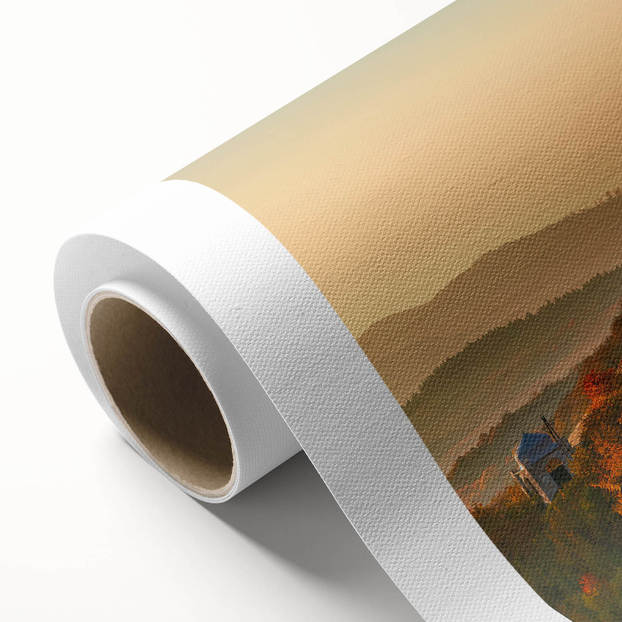 Art deco poster of a serene European landscape in soft pastel shades, rolled canvas, ideal for nursery wall art.