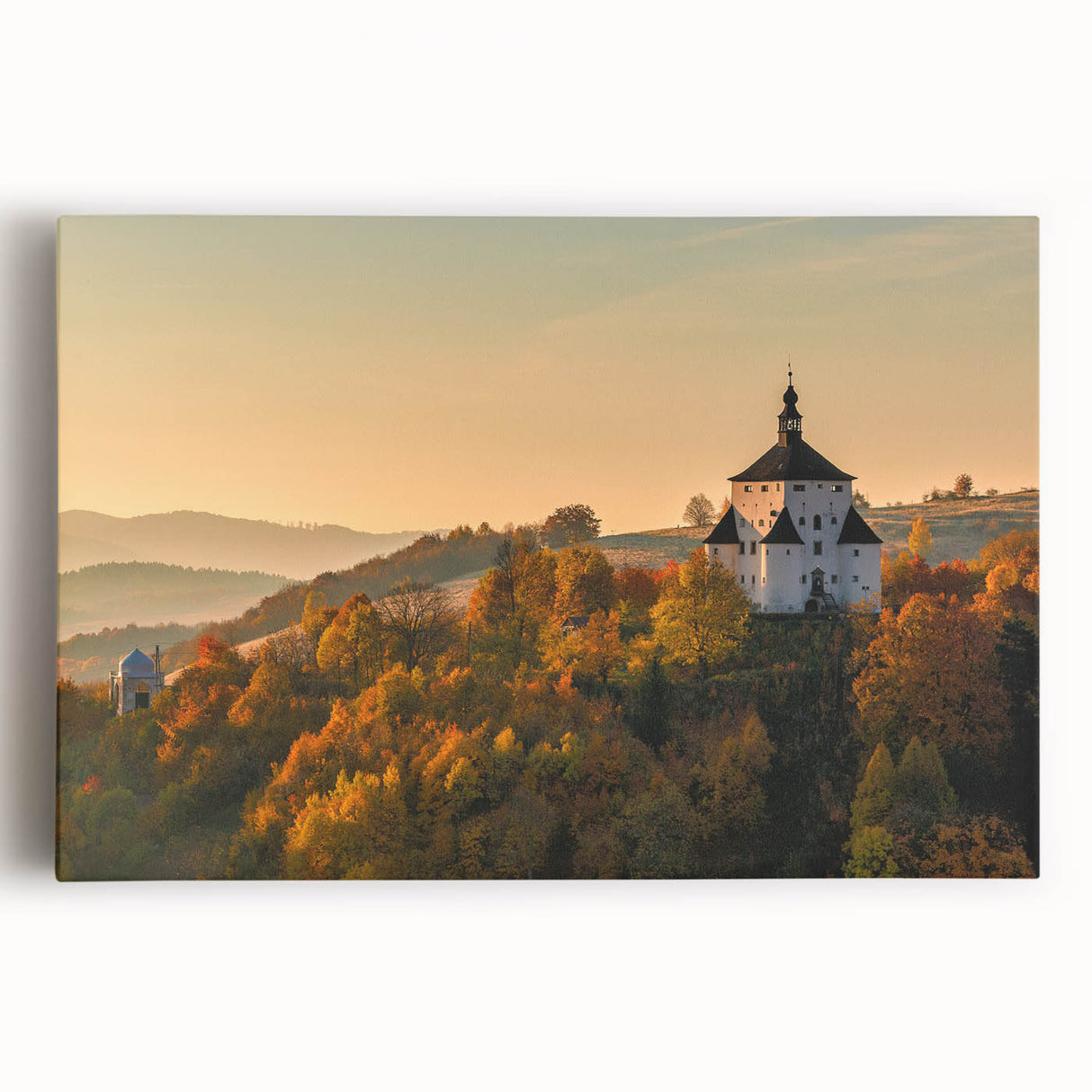 Black and white scenic photograph of a European village on stretched canvas, ideal for kitchen wall art.