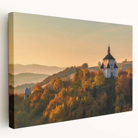 Large art depicting a European Slovakian scenery in muted earth tones on stretched canvas, ideal for kitchen wall decor.