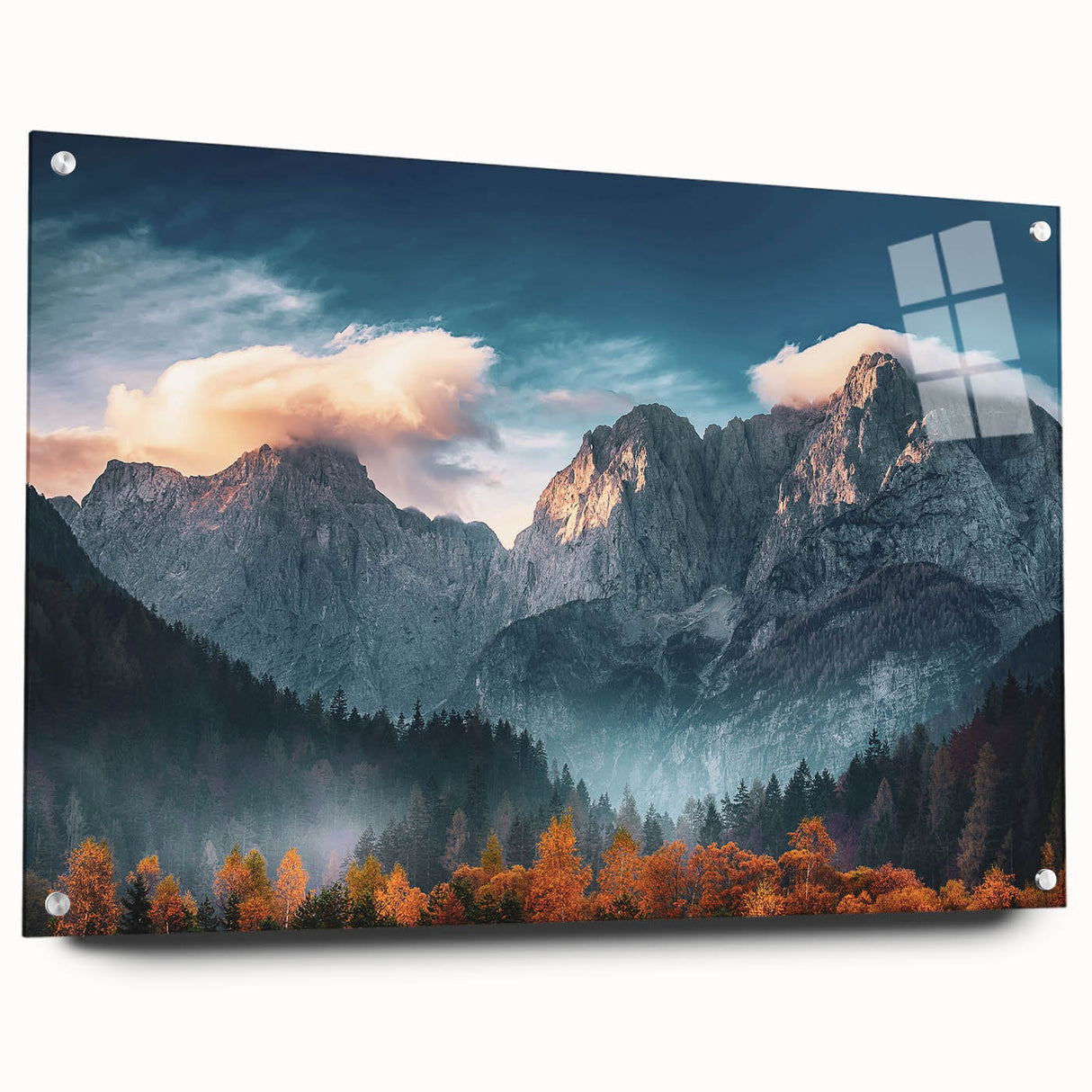 Acrylic print of a scenic European landscape in muted greens and blues, ideal for dining room decor.