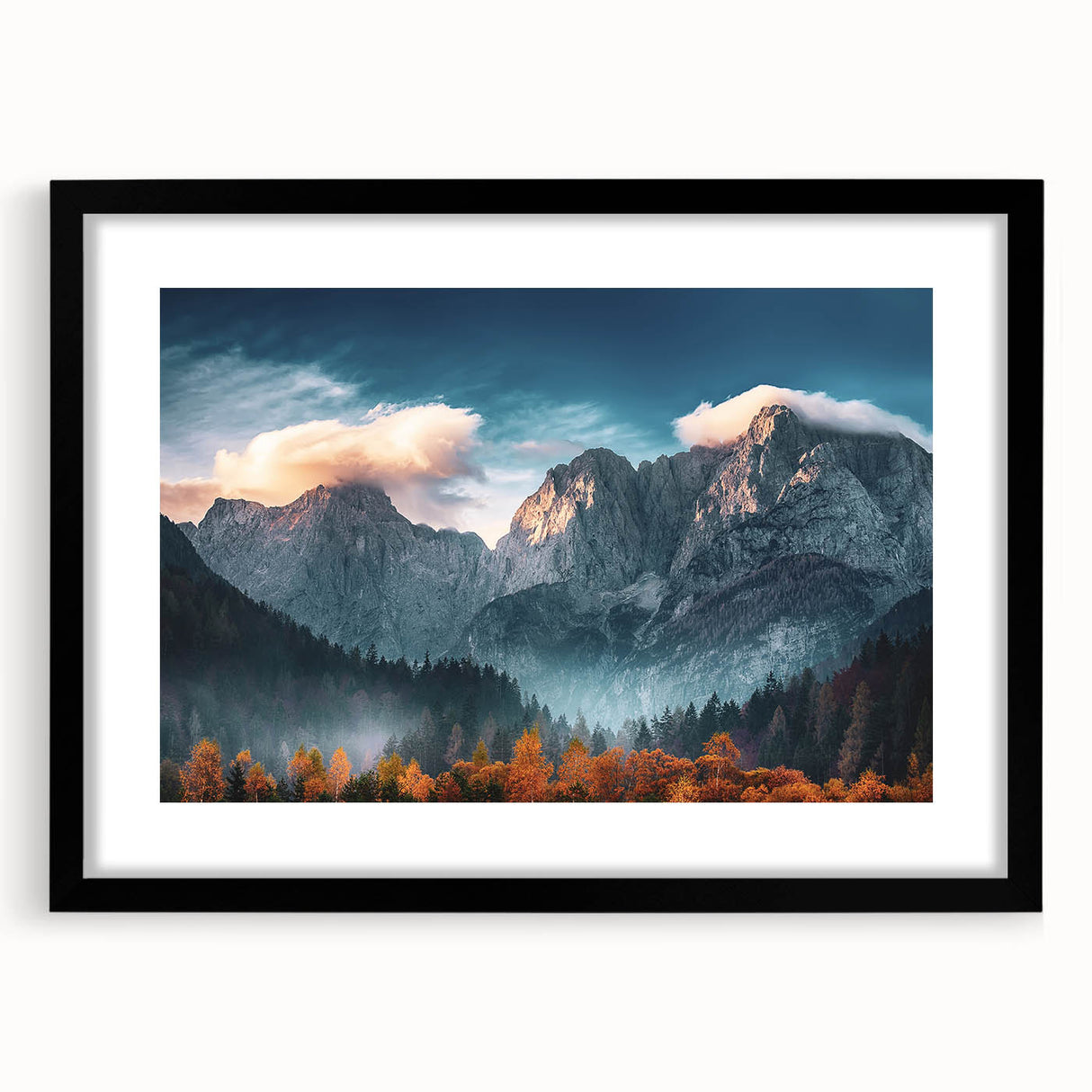 Extra large abstract art print depicting vibrant, colorful Slovenian scenery on a textured canvas, framed in black.