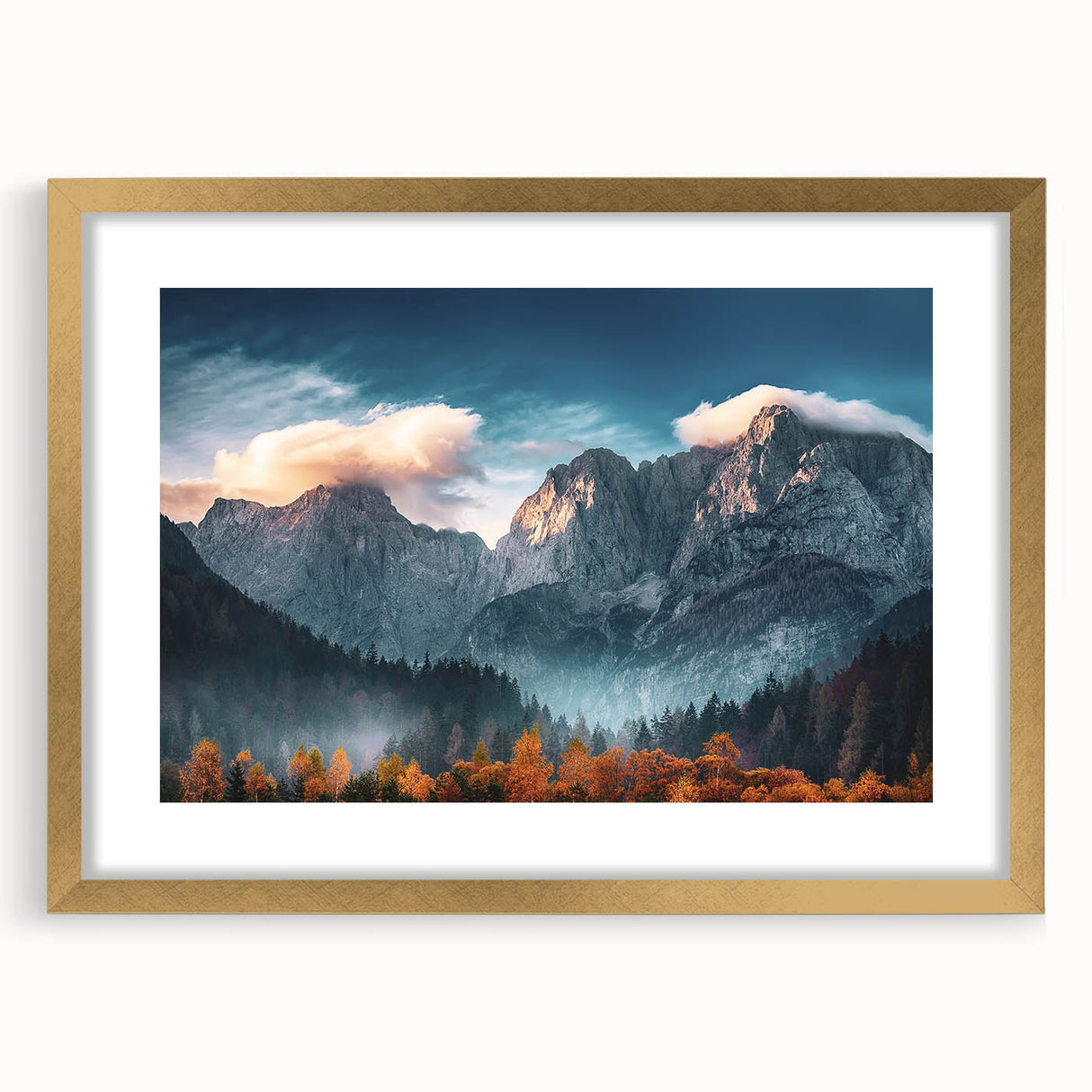 Textured abstract art print of a European scenery in Slovenia, using muted earth tones, framed in gold.