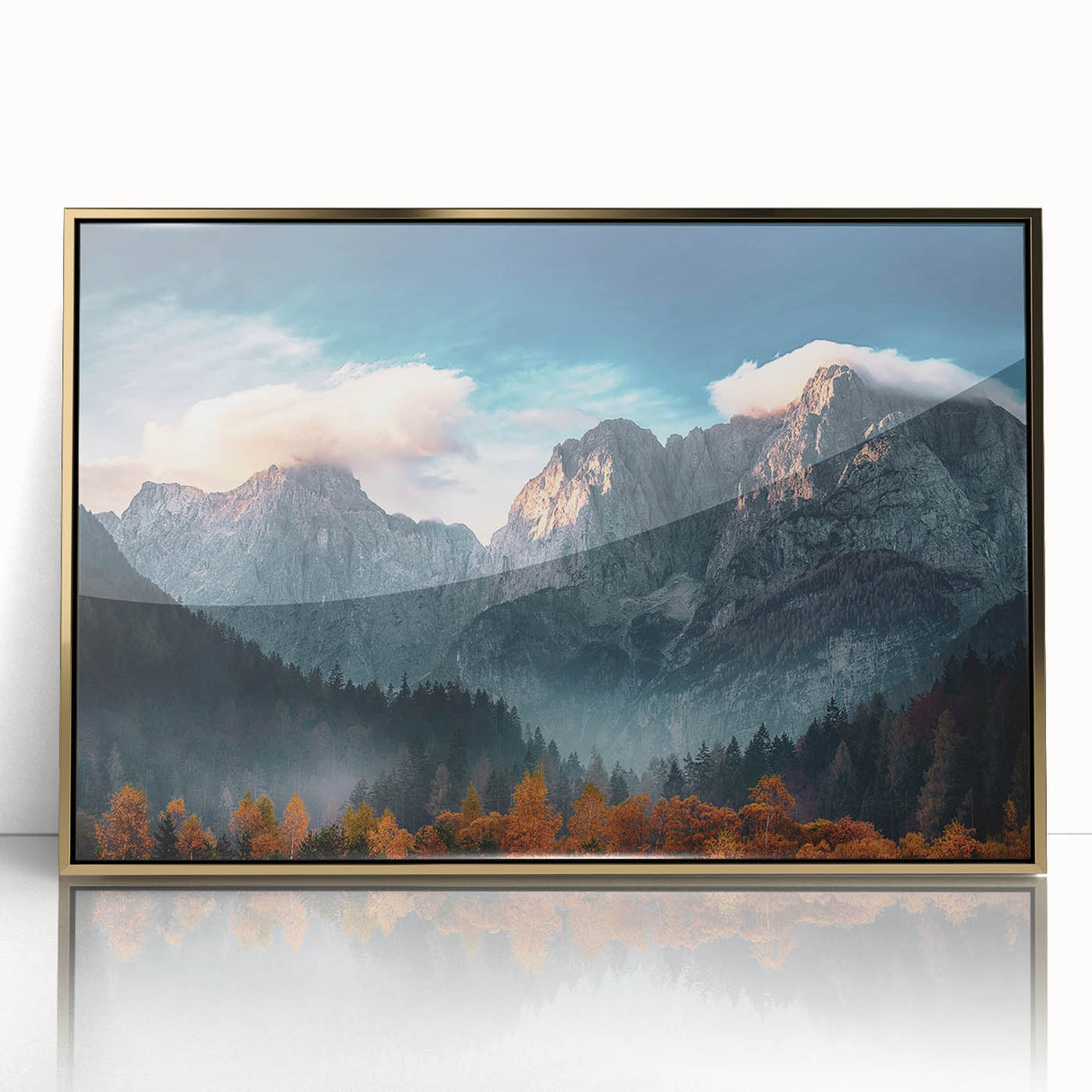 Mid-century modernist art of a Slovenian landscape in muted earth tones, acrylic print in a gold frame.