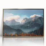 Mid-century modernist art of a Slovenian landscape in muted earth tones, acrylic print in a gold frame.
