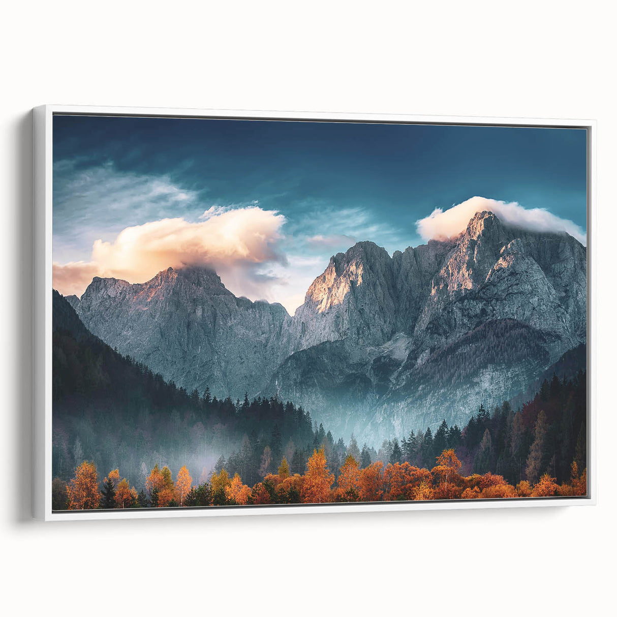 Framed canvas featuring a vintage-style landscape painting of a Slovenian scenery in muted green and earth tones.