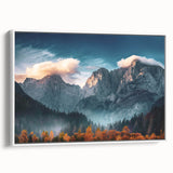 Framed canvas featuring a vintage-style landscape painting of a Slovenian scenery in muted green and earth tones.
