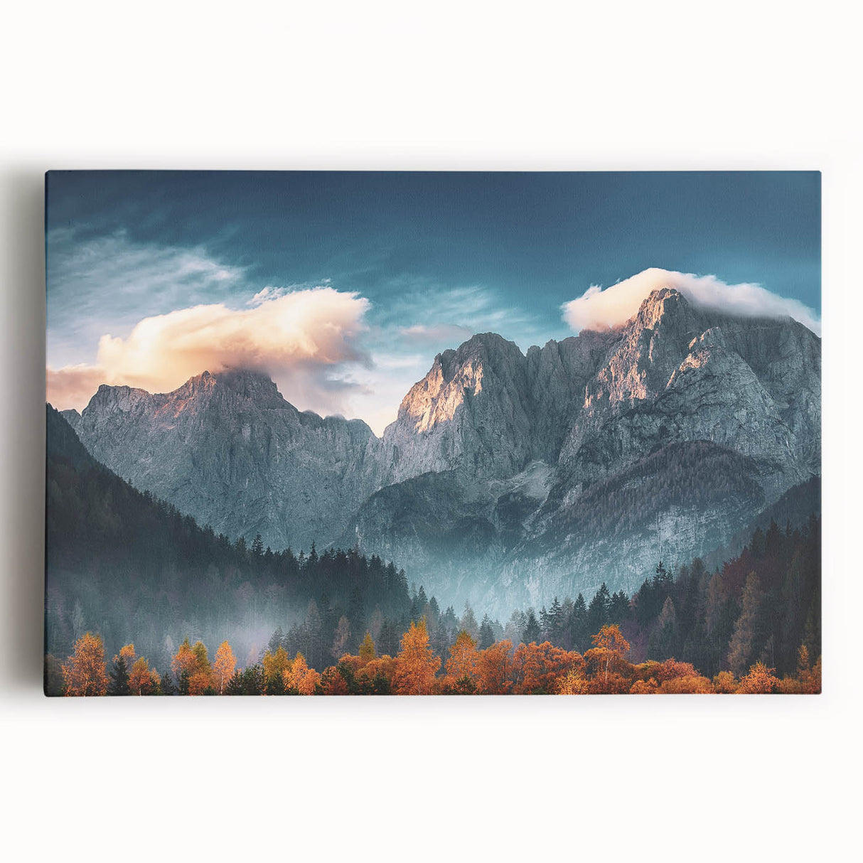 Black and white stretched canvas of Slovenian landscape, ideal for kitchen art.