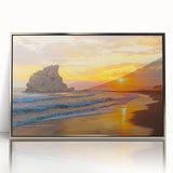 Art deco poster of Andalucia, Spain scenery in muted earth tones, framed in silver acrylic.