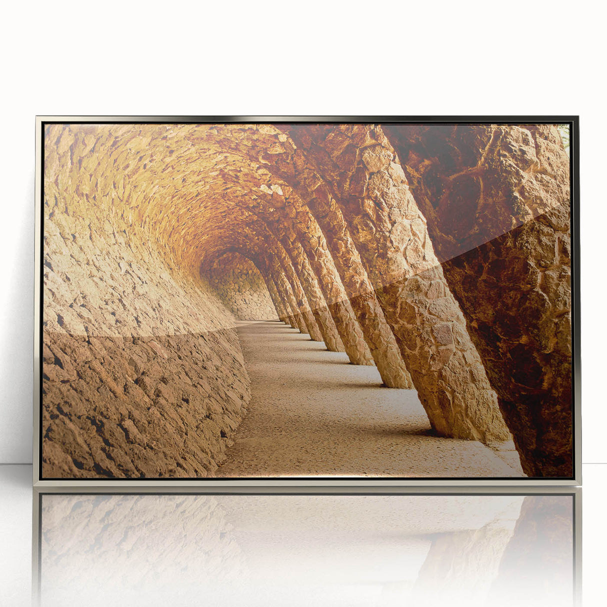Large art print of Barcelona scenery in muted earth tones on a silver-framed acrylic, suitable for modern art wall decor.
