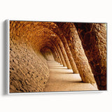 Vintage poster art of Barcelona scenery on extra large framed canvas, featuring colorful art with black accents.