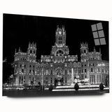 Large abstract wall art of Madrid cityscape in muted gray tones on acrylic glass, suitable for bedroom or dining room decor.