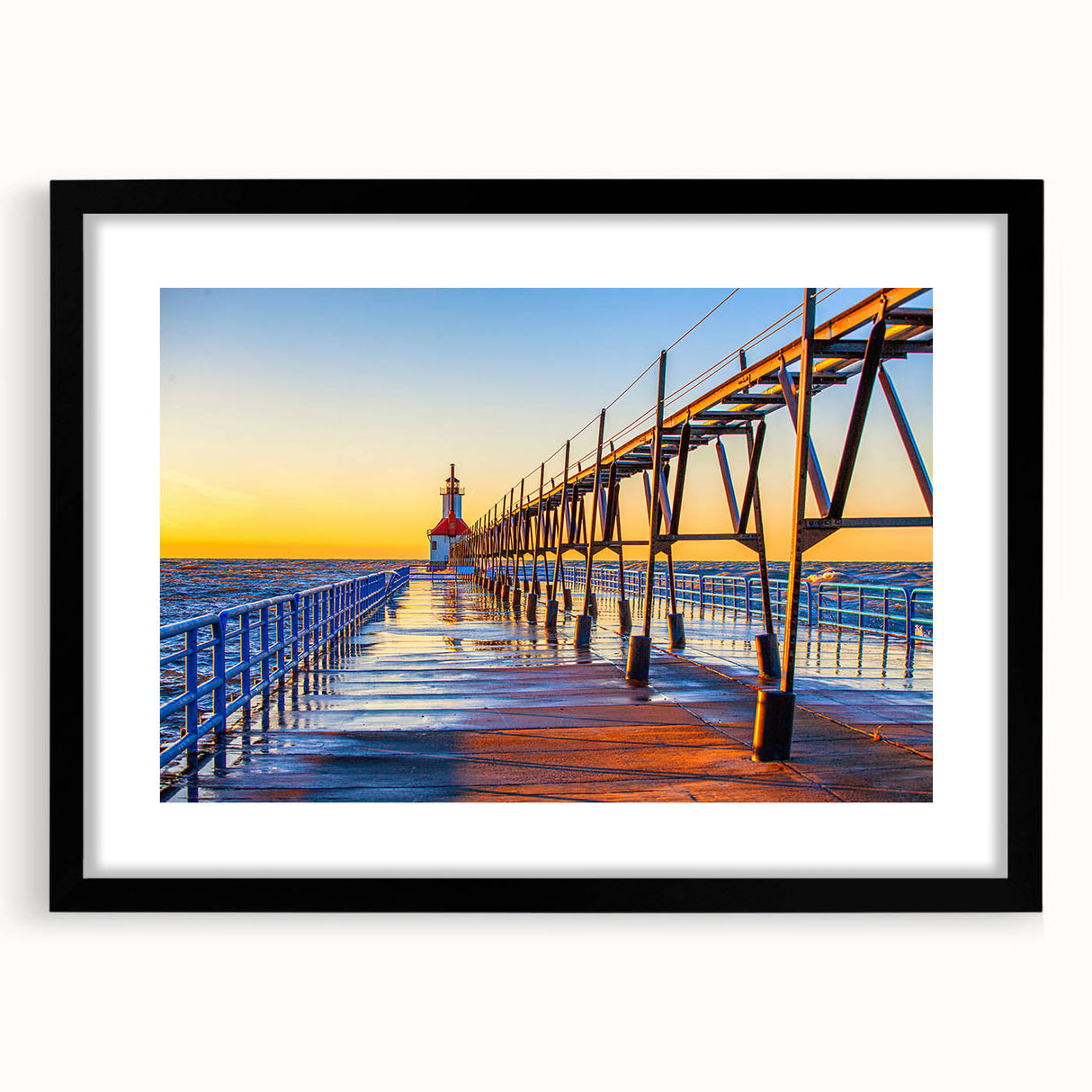 Colorful abstract art print of Stockholm scenery in vibrant hues, framed in black, ideal for living room decor.