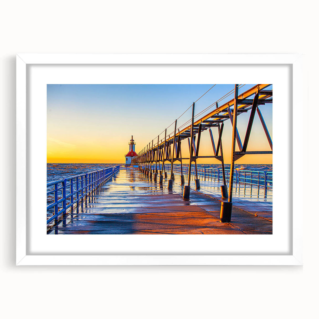 Abstract art print of Stockholm scenery in muted blue and gray tones on a framed white mat, suitable for dining room decor.