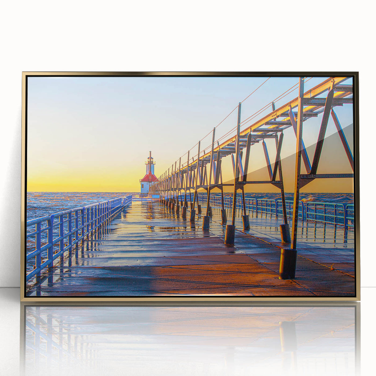 Large art print of Stockholm scenery in muted gold and blue tones on a framed acrylic.