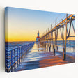 Side view of a large stretched canvas featuring a detailed Stockholm cityscape in muted blue and gray tones.