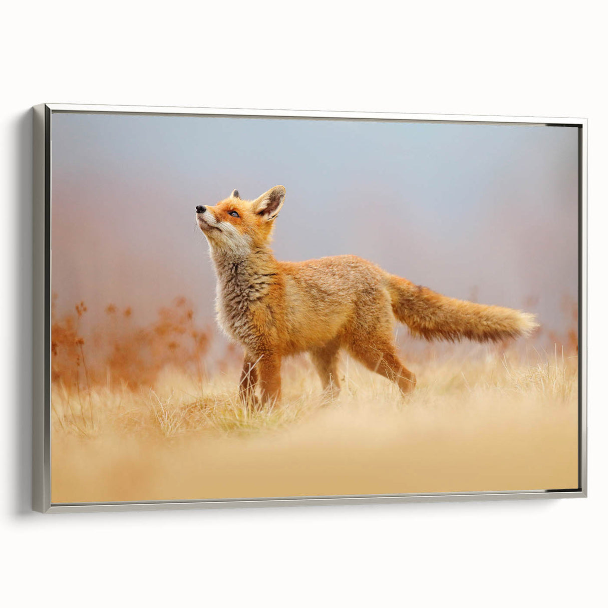 Framed canvas featuring a vintage-style landscape painting of a Swedish scenery in muted earth tones.