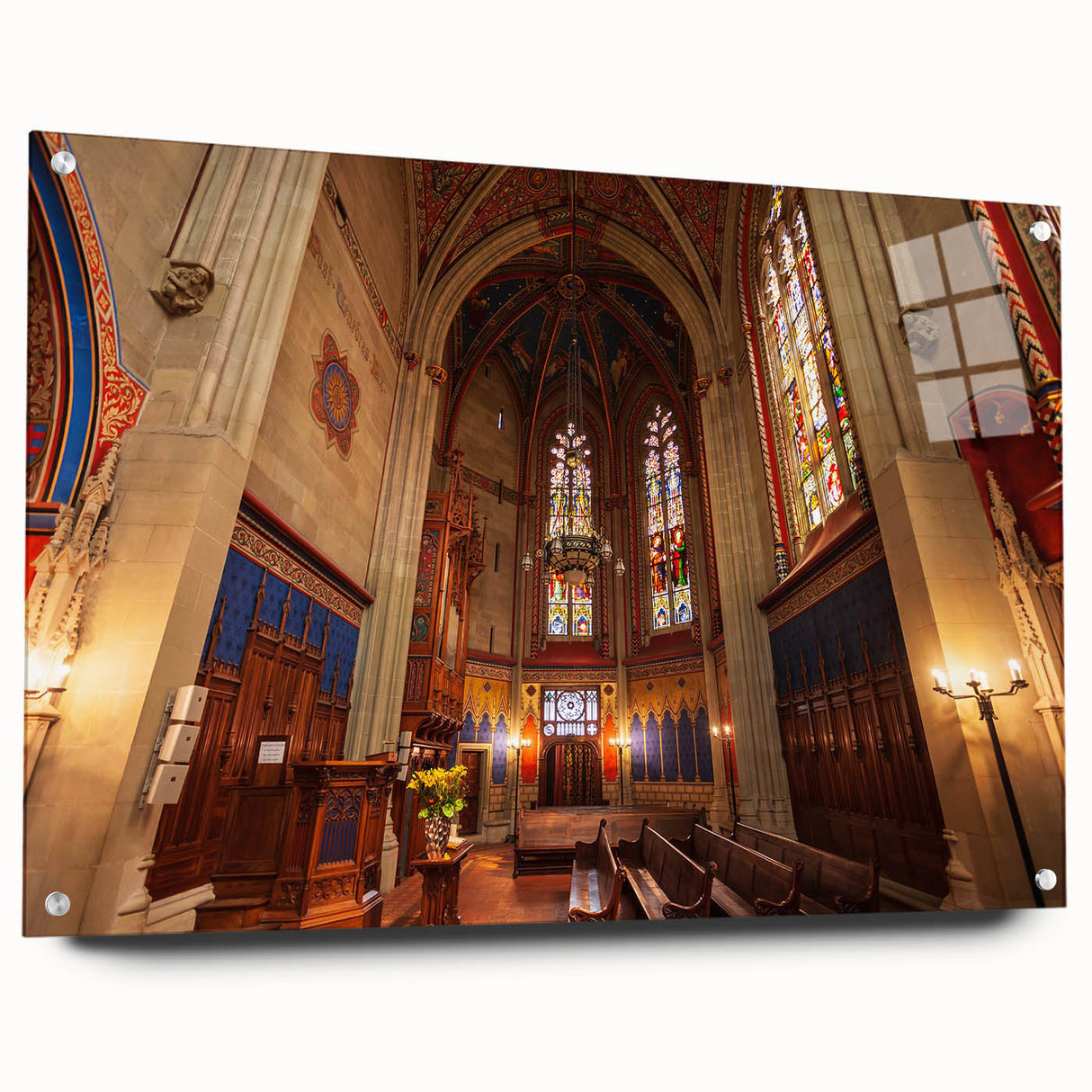 Acrylic glass print of a Geneva, Switzerland scenery in muted blues and greens, ideal for dining room decor.
