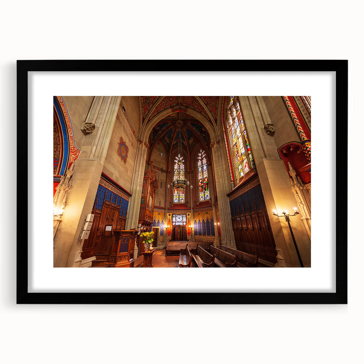 Extra large abstract art print of a colorful, textured Geneva scenery on a black framed canvas, ideal for living room decor.