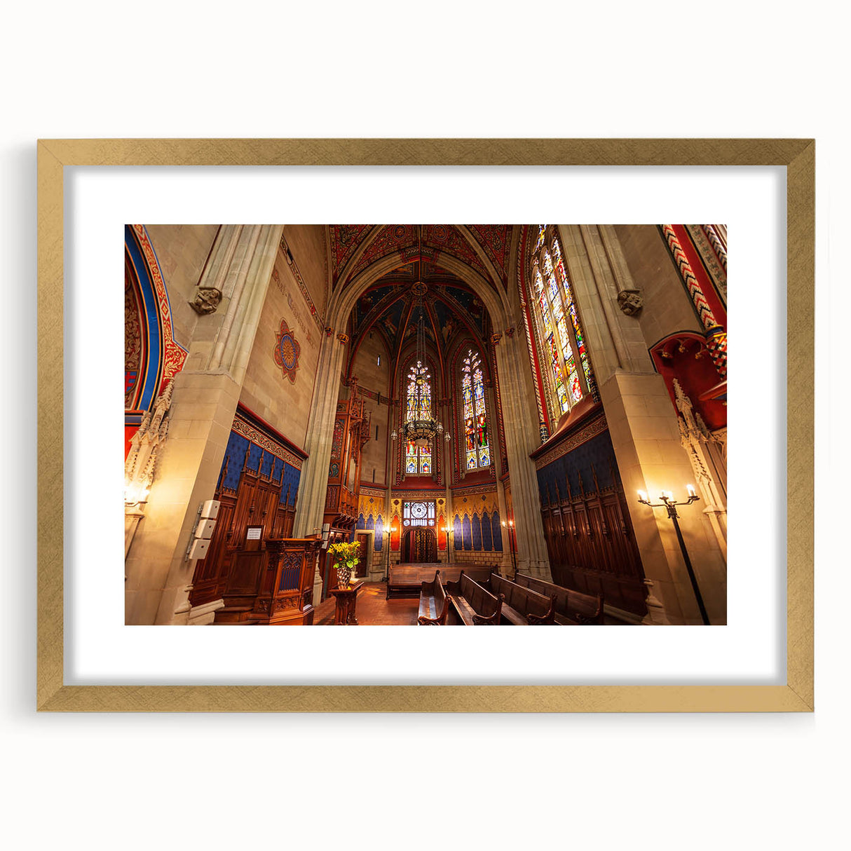 Extra large abstract art print of Geneva scenery in textured gold frame, using muted earth tones.