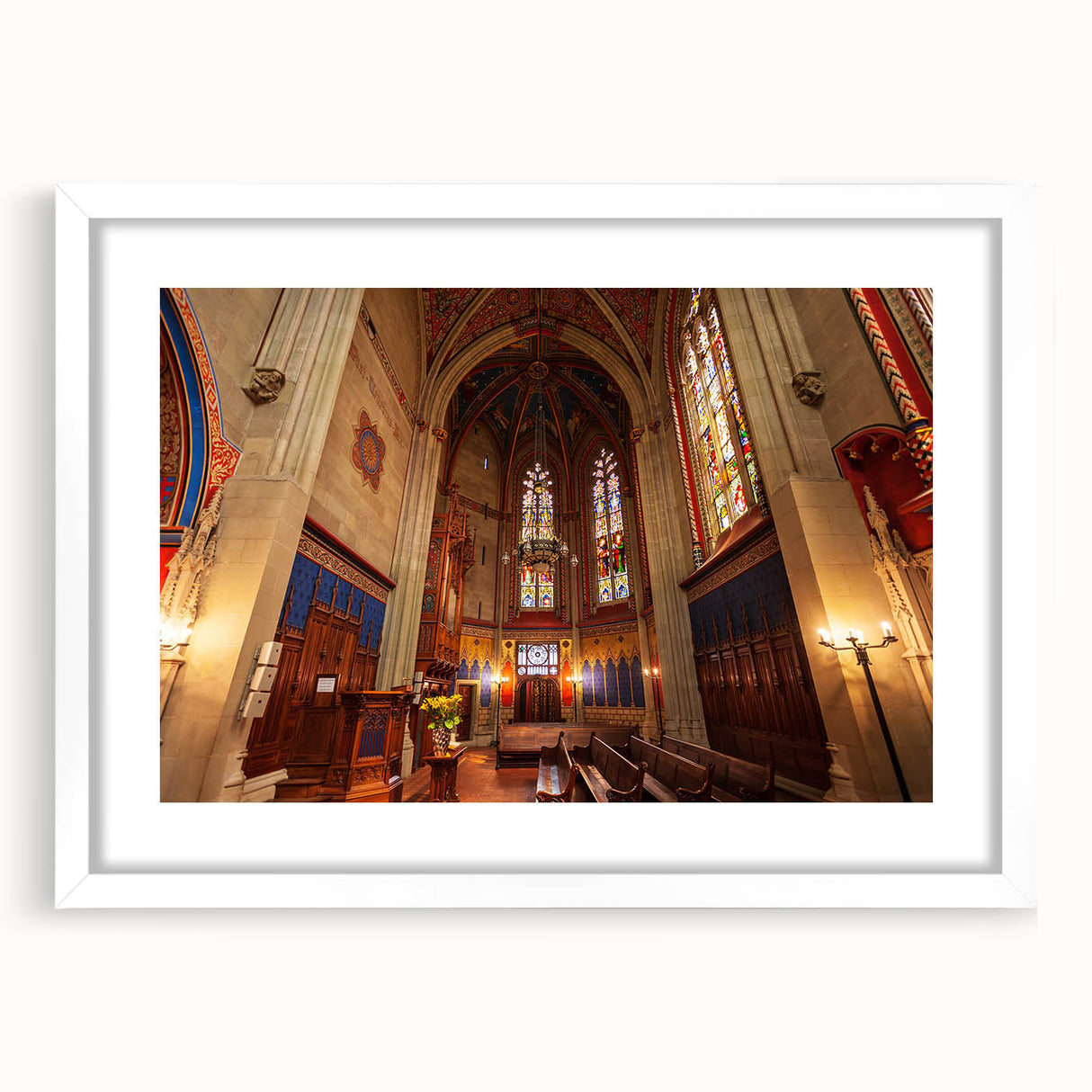 Abstract art print of Geneva scenery in muted blue and gray tones on a framed white mat.
