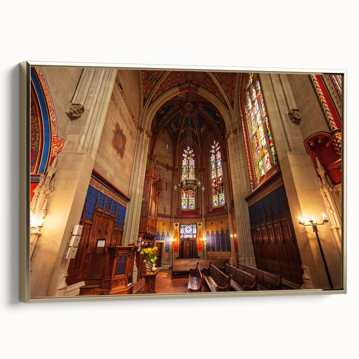 Framed canvas featuring a vintage-style landscape painting of Geneva with muted gold and black tones.