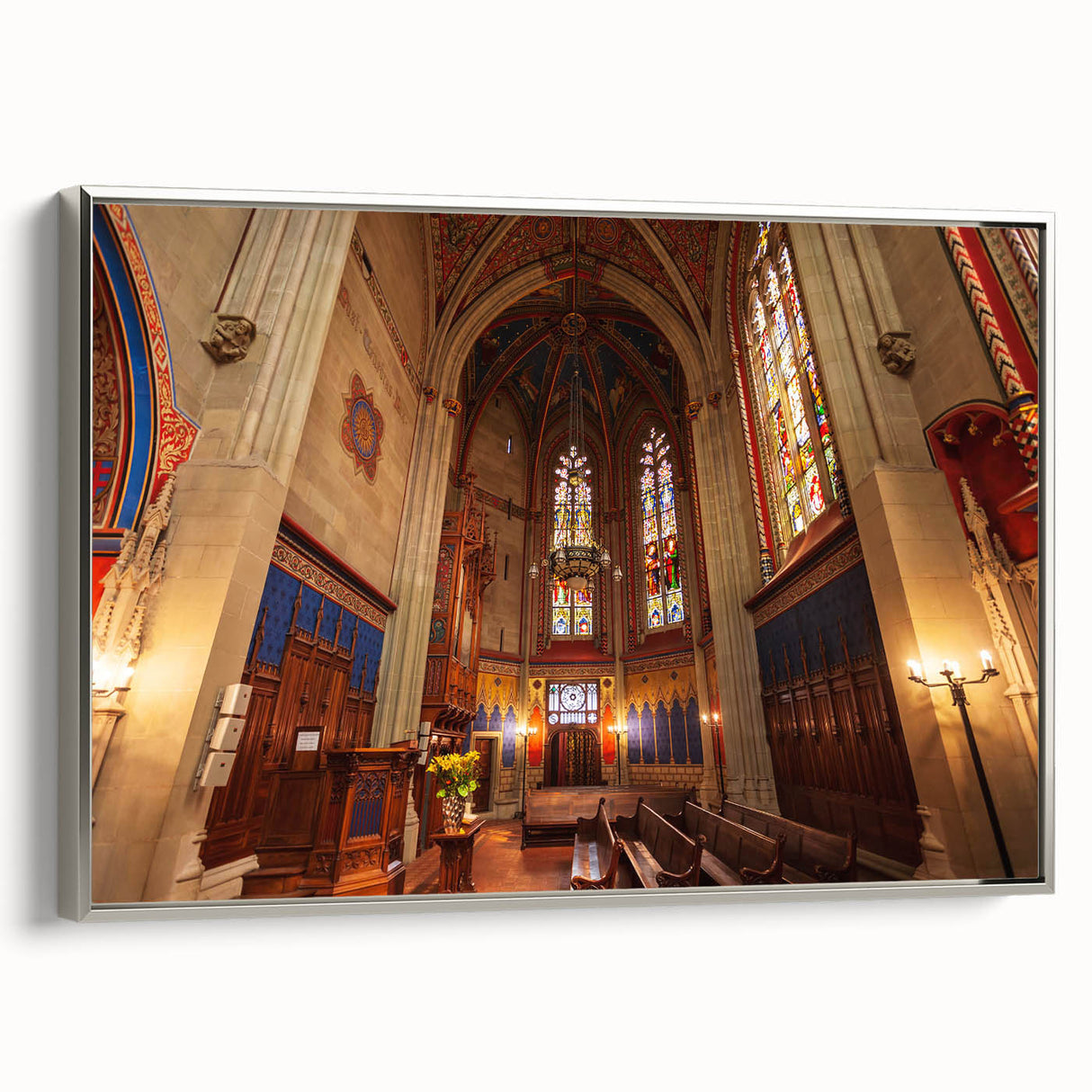 Landscape art painting of Geneva with colorful art palette on silver-framed canvas, ideal for living room decor.