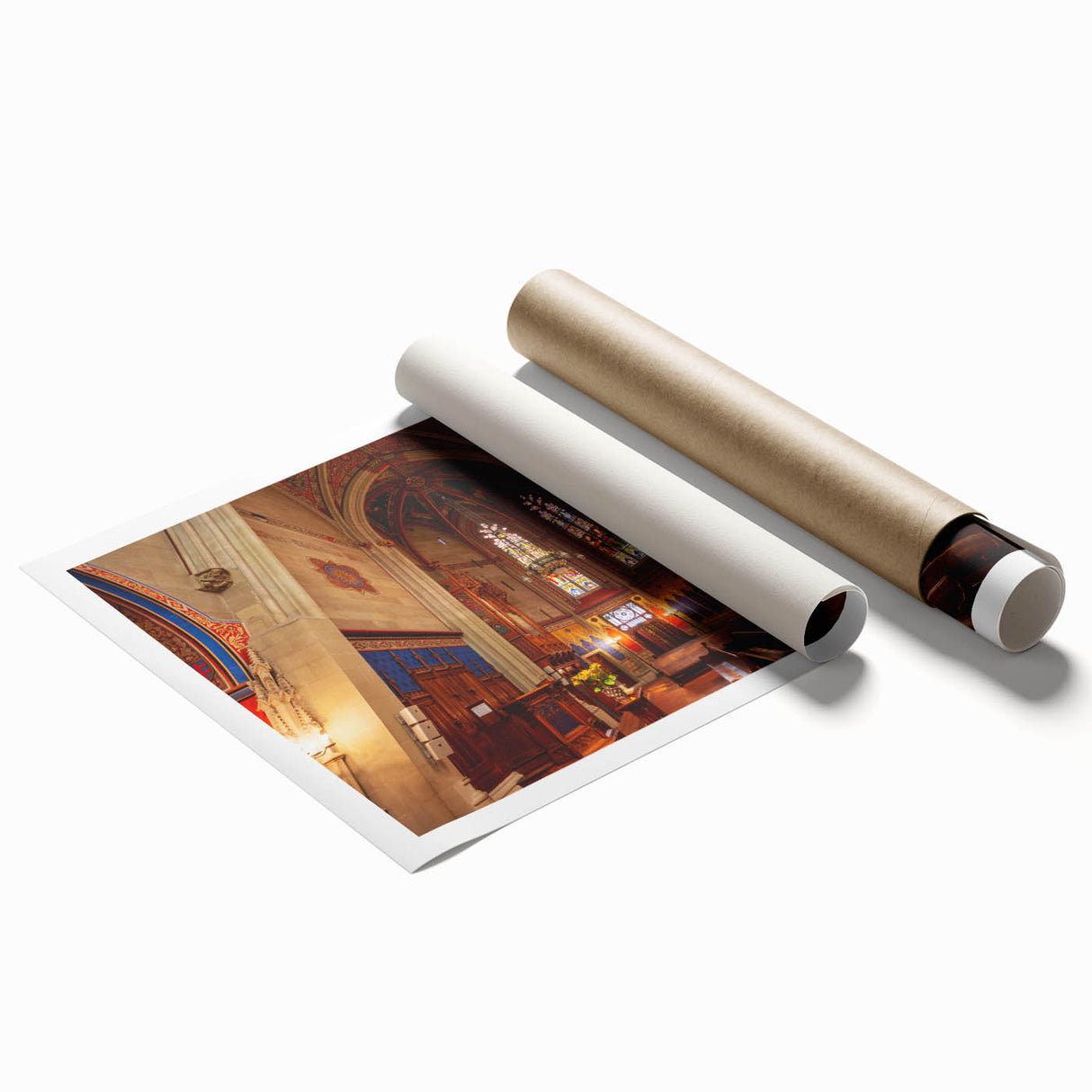 Extra large rolled print featuring a serene Geneva landscape with lush floral foreground in soft green and blue tones.