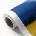 Art Deco style poster of a European scenery in muted blue and green tones on rolled canvas, ideal for nursery wall art.