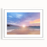 Abstract art print of Acapulco scenery in vibrant blue and green tones, framed with a white mat, ideal for dining room decor.