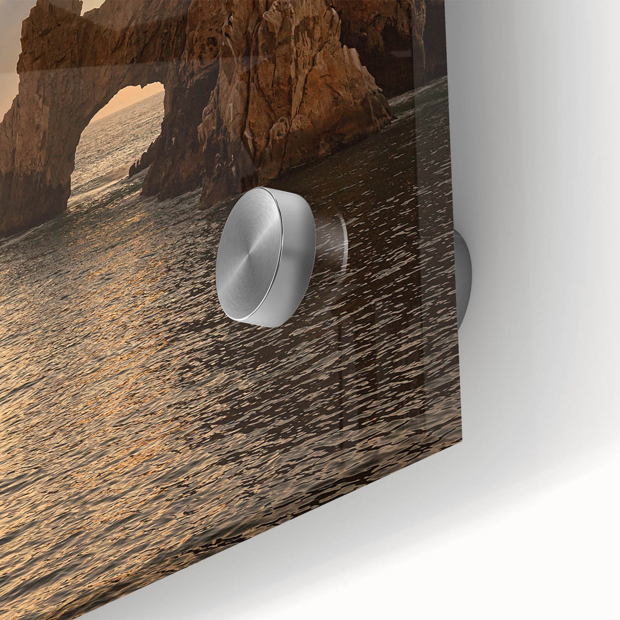 Large abstract wall art depicting Cabo San Lucas scenery in acrylic glass, featuring muted earth tones.