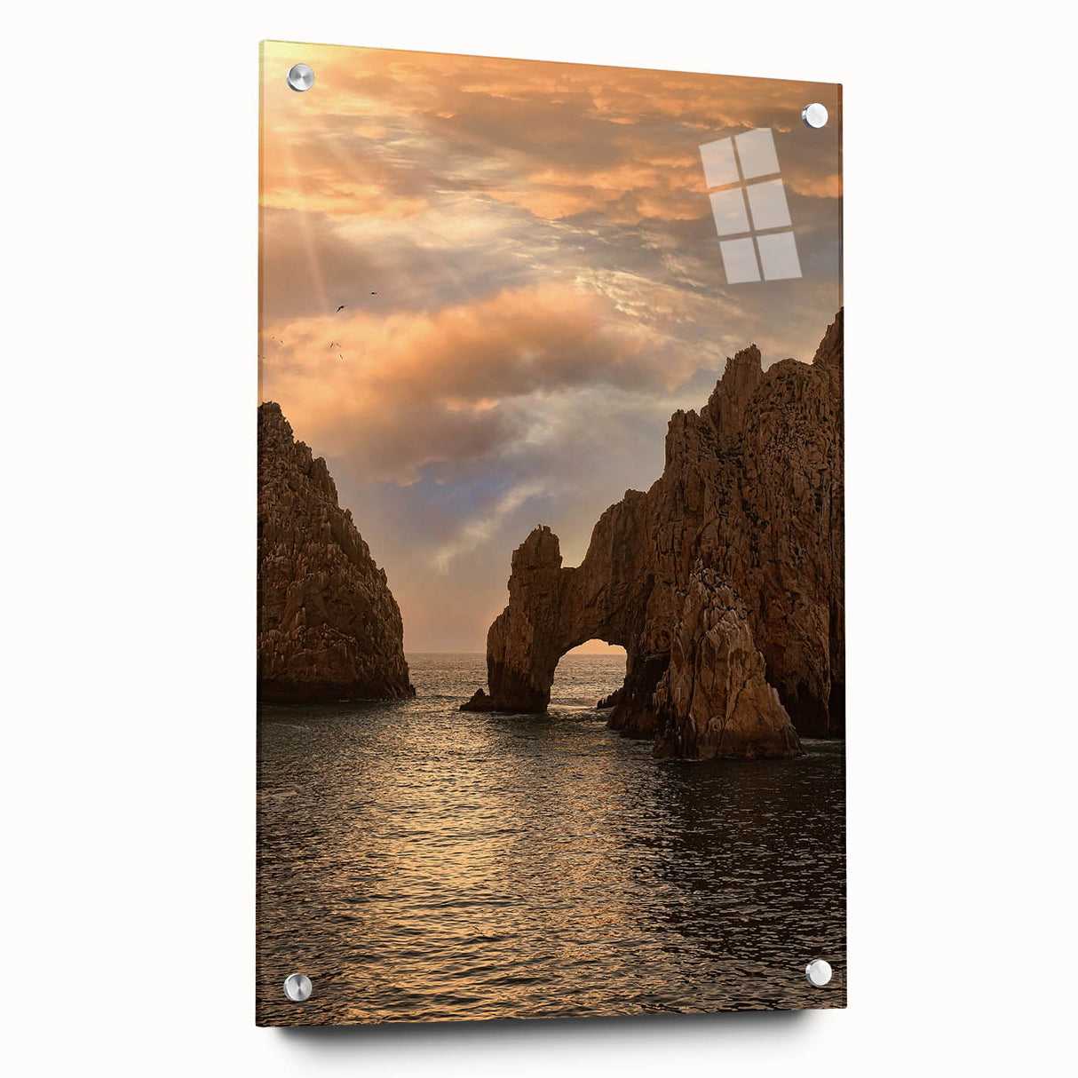Acrylic print of Cabo San Lucas scenery with vibrant ocean blues, ideal for dining room decor.