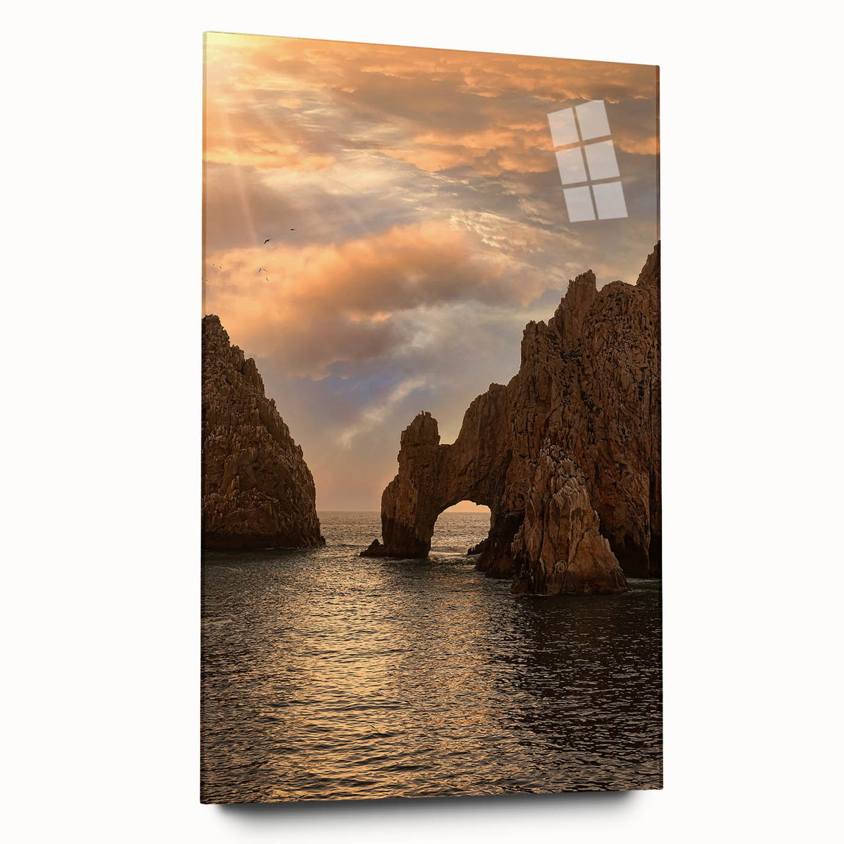 Large abstract wall art of Cabo San Lucas scenery in vibrant blues and greens on acrylic glass.