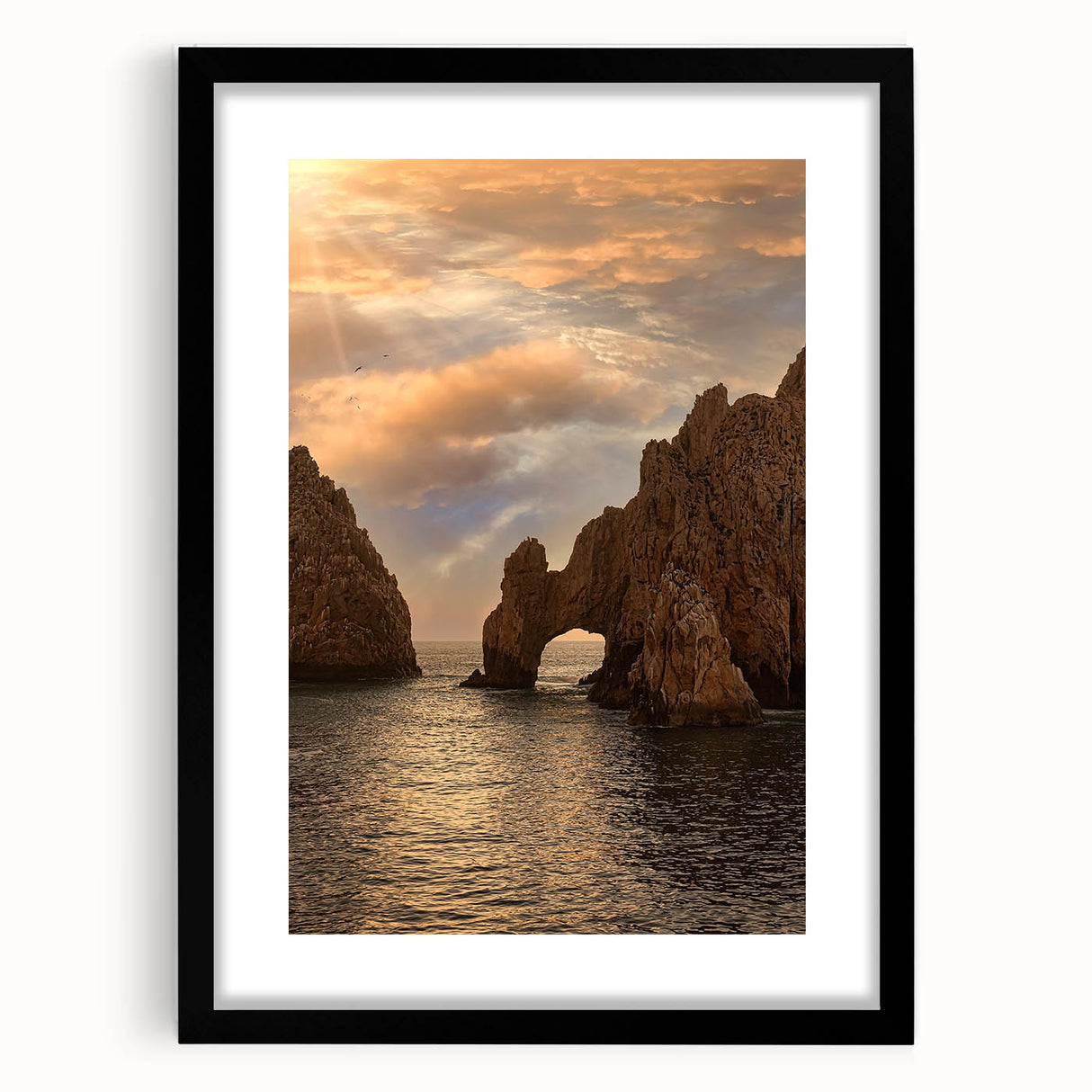 Extra large colorful art print of abstract Cabo San Lucas scenery in a black frame, ideal for living room decor.