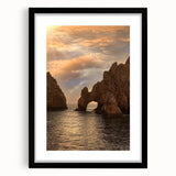 Extra large colorful art print of abstract Cabo San Lucas scenery in a black frame, ideal for living room decor.
