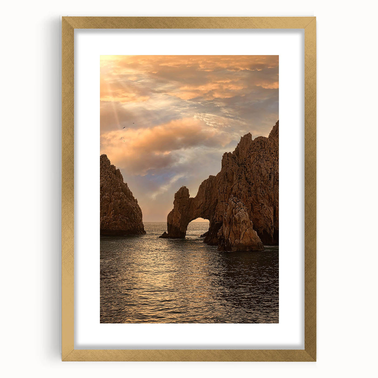 Extra large abstract art print of Cabo San Lucas scenery in muted earth tones, framed in gold, ideal for living room decor.