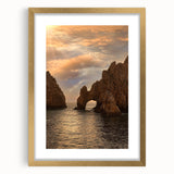 Extra large abstract art print of Cabo San Lucas scenery in muted earth tones, framed in gold, ideal for living room decor.