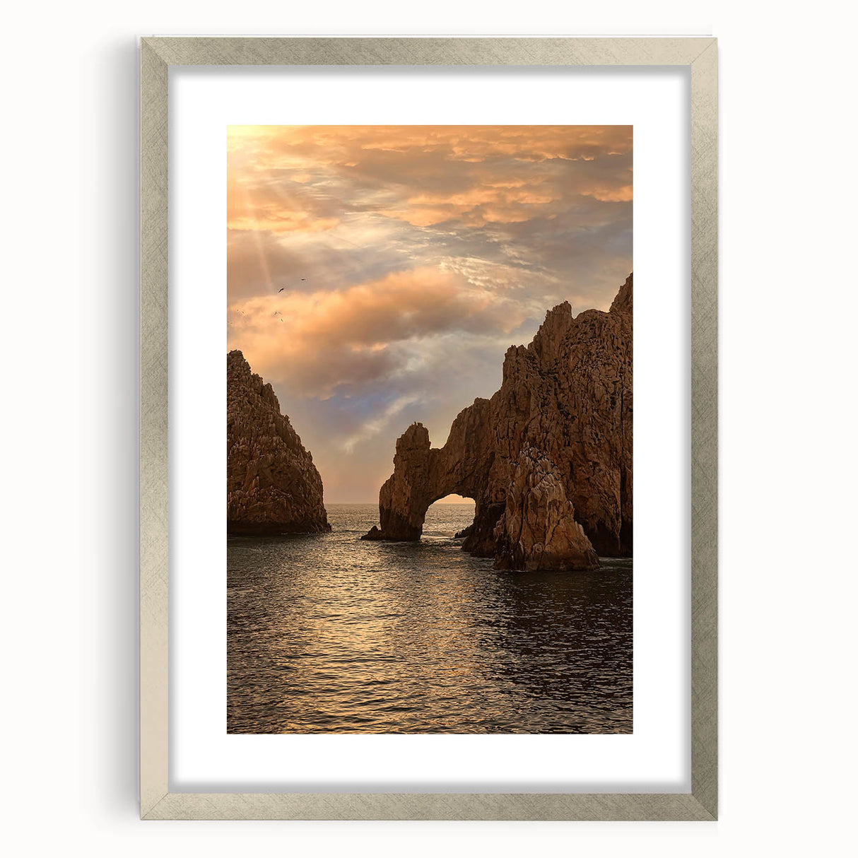 Textured art of Cabo San Lucas scenery in muted earth tones, framed in silver, ideal for bedroom art.