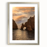 Textured art of Cabo San Lucas scenery in muted earth tones, framed in silver, ideal for bedroom art.