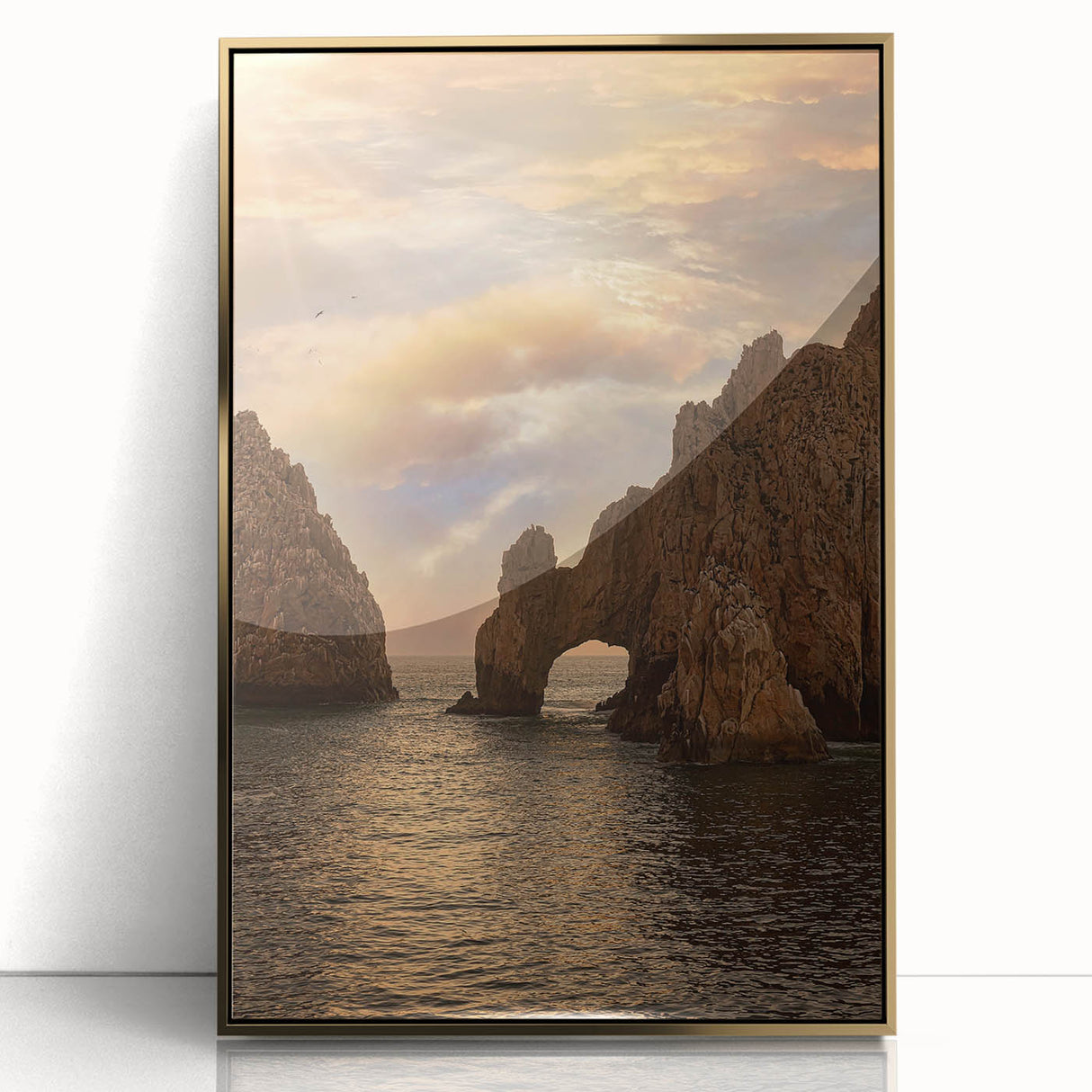 Framed acrylic print of Cabo San Lucas scenery in mid-century modernist style with golden hues.