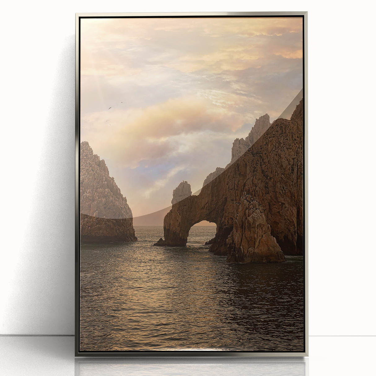Mid-century modernist art depicting Cabo San Lucas scenery in muted tones, framed acrylic.