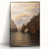 Mid-century modernist art depicting Cabo San Lucas scenery in muted tones, framed acrylic.
